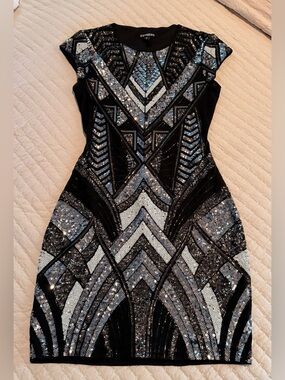 Express Black and Silver Sequin Mini Dress XS